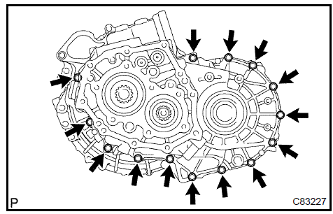 c. Install the 3 bolts to the manual transaxle case side.Torque: 29 Nm (296 kgfcm, 21 ftlbf)