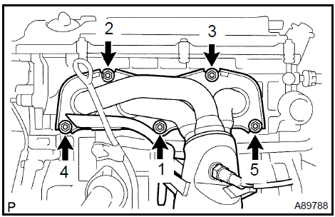b. Install the No. 1 and No. 2 exhaust manifold stays with the