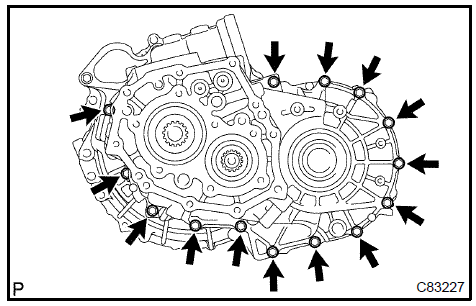 c. Install the 3 bolts to the manual transaxle side.Torque: 29 Nm (296 kgfcm, 21 ftlbf)