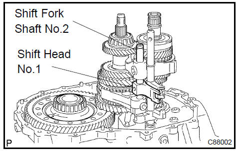 c. Install the 2 shift fork bolts to the gear shift head No.1.Torque: 24