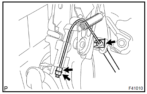 d. Remove the 2 nuts, 2 bolts, clip and parking brake cable