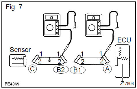 Disconnect connector B and measure the resistance between terminal 1 of connector A and the body ground, and terminal 1 of connector B2 and the body ground