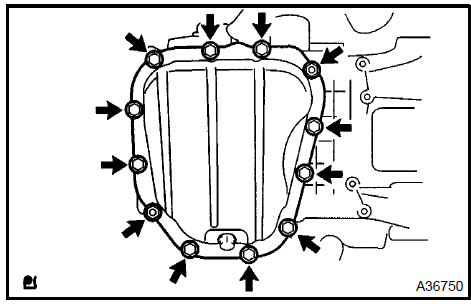b. Insert the blade of SST between oil pan No. 1 and oil pan