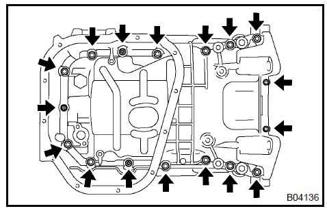 b. Using a screwdriver, remove the oil pan by prying between