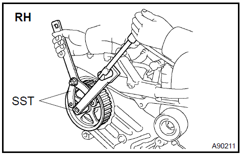 b. Using SST, remove the LH timing pulley.